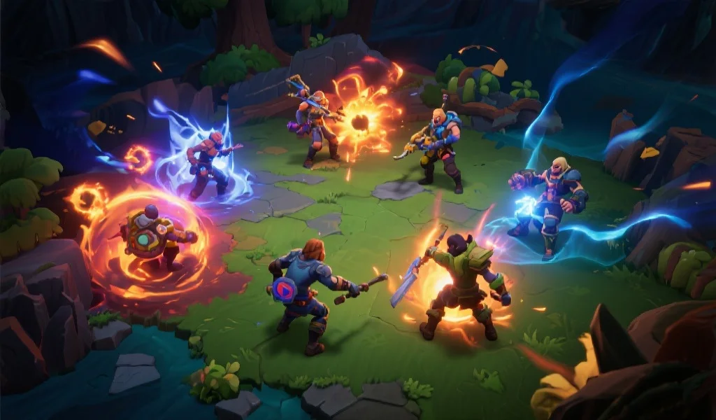 一个五人团队在DOTA 2虚拟地图上进行激烈团战,技能特效绚丽