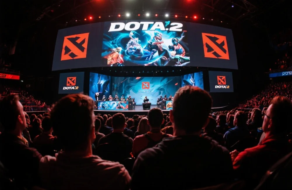 一场DOTA 2比赛现场,观众聚精会神看大屏幕,氛围热烈但无商标